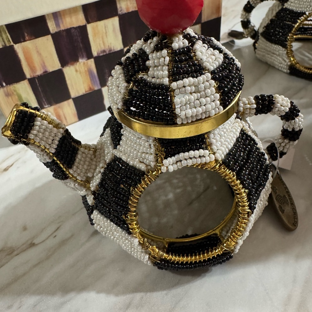 MacKenzie-Childs Black and White Beaded Teapot Napkin Rings with Red Accents